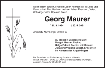 Traueranzeige von Georg Maurer von Ansbach