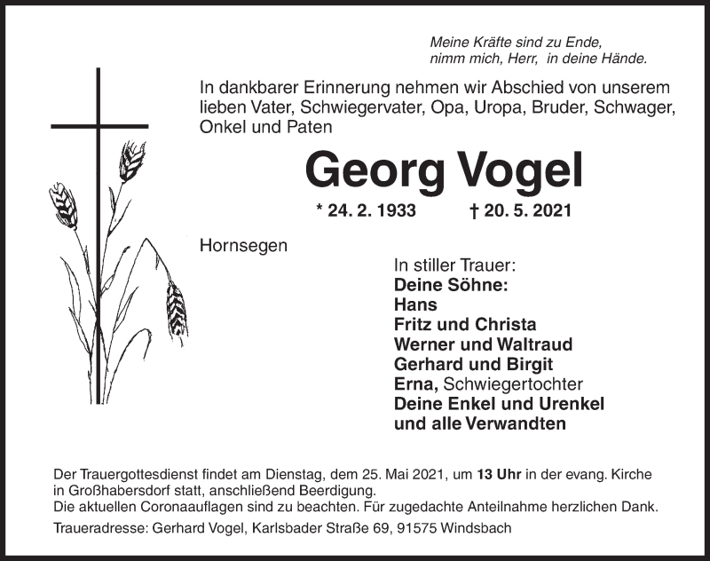  Traueranzeige für Georg Vogel vom 21.05.2021 aus Ansbach