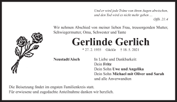 Traueranzeige von Gerlinde Gerlich von Neustadt/ Scheinfeld/ Uffenheim