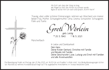 Traueranzeige von Gretl Wörlein von Ansbach