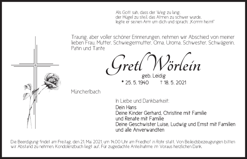  Traueranzeige für Gretl Wörlein vom 19.05.2021 aus Ansbach