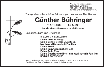 Traueranzeige von Günther Bühringer von Dinkelsbühl/ Feuchtwangen