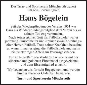 Traueranzeige von Hans Bögelein von Dinkelsbühl/ Feuchtwangen