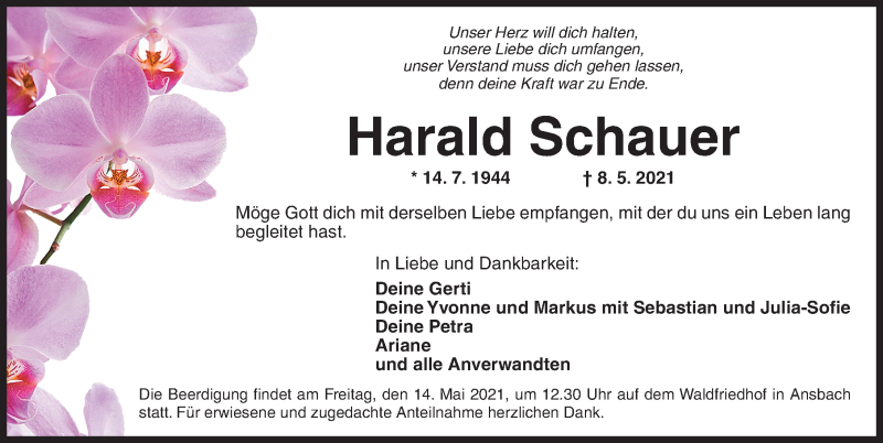  Traueranzeige für Harald Schauer vom 11.05.2021 aus Ansbach