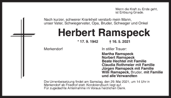 Traueranzeige von Herbert Ramspeck von Ansbach