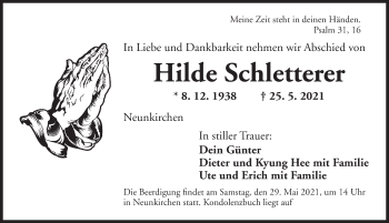 Traueranzeige von Hilde Schletterer von Ansbach