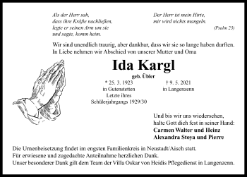 Traueranzeige von Ida Kargl von Neustadt/ Scheinfeld/ Uffenheim