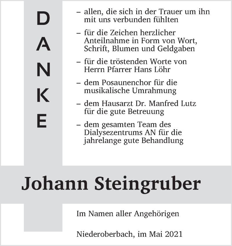  Traueranzeige für Johann Steingruber vom 22.05.2021 aus Ansbach
