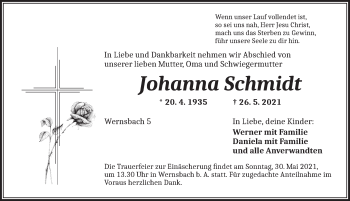 Traueranzeige von Johanna Schmidt von Ansbach