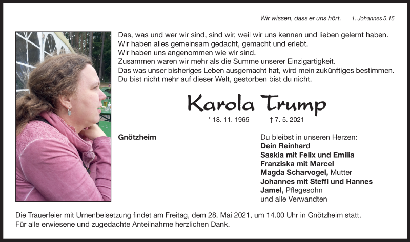  Traueranzeige für Karola Trump vom 13.05.2021 aus Neustadt/ Scheinfeld/ Uffenheim