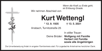 Traueranzeige von Kurt Wettengl von Ansbach