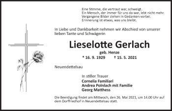 Traueranzeige von Lieselotte Gerlach von Ansbach