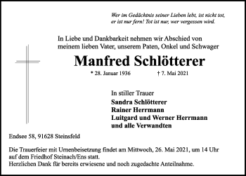 Traueranzeige von Manfred Schlötterer von Rothenburg