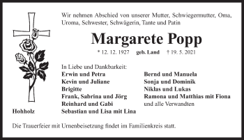 Traueranzeige von Margarete Popp von Neustadt/ Scheinfeld/ Uffenheim