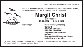 Traueranzeige von Margit Christ von Dinkelsbühl/ Feuchtwangen