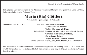 Traueranzeige von Maria  Göttfert von Neustadt/ Scheinfeld/ Uffenheim