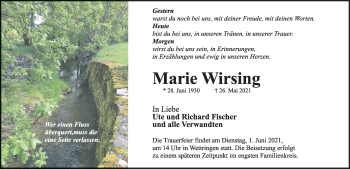 Traueranzeige von Marie Wirsing von Rothenburg