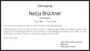 Traueranzeige von Nadja Brückner von Neustadt/ Scheinfeld/ Uffenheim