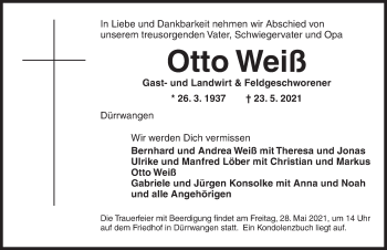 Traueranzeige von Otto Weiß von Dinkelsbühl/ Feuchtwangen