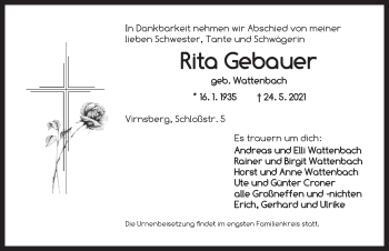 Traueranzeige von Rita Gebauer von Ansbach