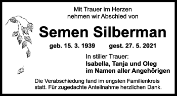 Traueranzeige von Semen Silberuran von Ansbach