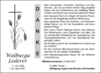 Traueranzeige von Walburga Lederer von Ansbach