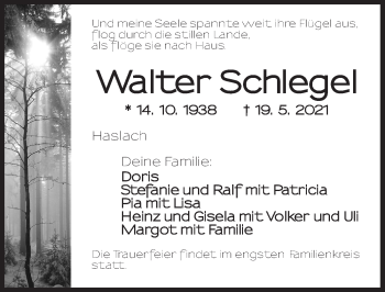 Traueranzeige von Walter Schlegel von Dinkelsbühl/ Feuchtwangen