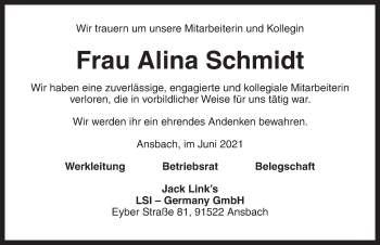 Traueranzeige von Alina Schmidt von Dinkelsbühl/ Feuchtwangen