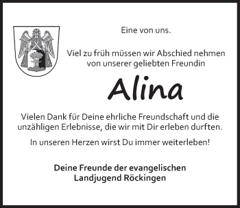 Traueranzeige von Alina Schmidt von Dinkelsbühl/ Feuchtwangen