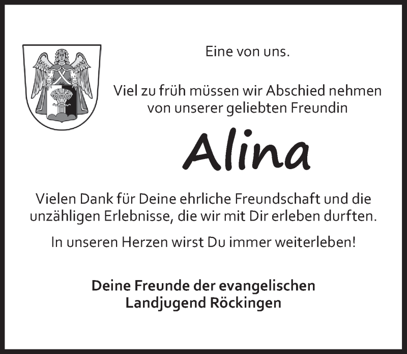  Traueranzeige für Alina Schmidt vom 23.06.2021 aus Dinkelsbühl/ Feuchtwangen