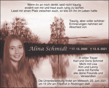 Traueranzeige von Alina Schmidt von Dinkelsbühl/ Feuchtwangen