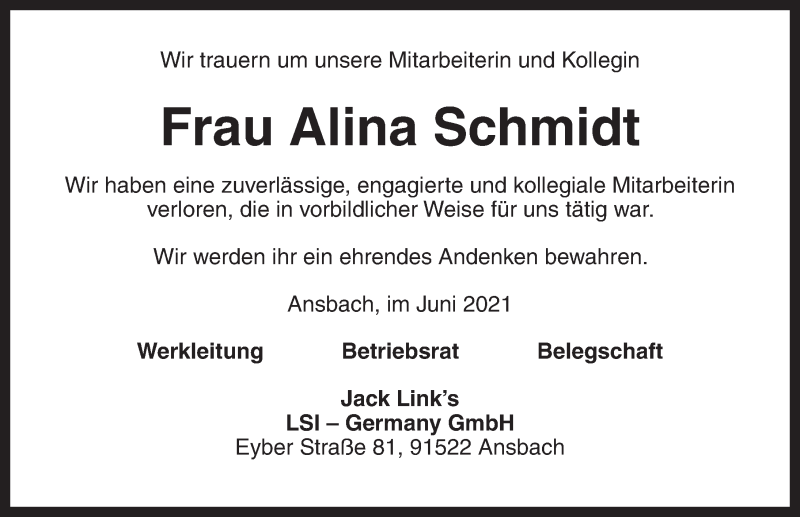  Traueranzeige für Alina Schmidt vom 19.06.2021 aus Dinkelsbühl/ Feuchtwangen