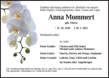 Traueranzeige von Anna Mommert von Ansbach