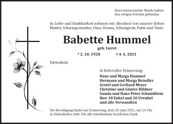 Traueranzeige von Babette Hummel von Ansbach