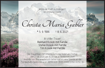 Traueranzeige von Christa Maria Gabler von Ansbach