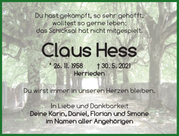 Traueranzeige von Claus Hess von Ansbach