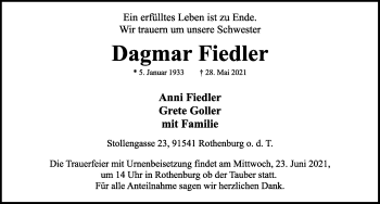 Traueranzeige von Dagmar Fiedler von Rothenburg