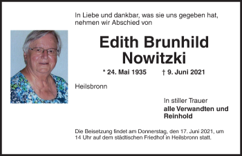 Traueranzeige von Edith Brunhild Nowitzki von Ansbach