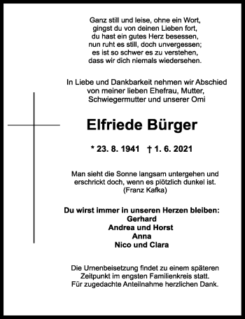 Traueranzeige von Elfriede Bürger von Ansbach