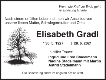 Traueranzeige von Elisabeth Gradl von Ansbach