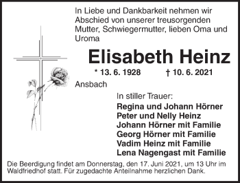 Traueranzeige von Elisabeth Heinz von Ansbach
