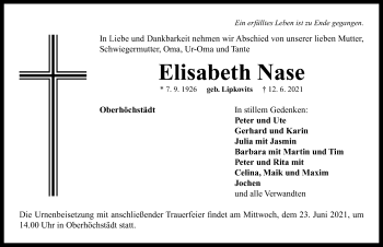 Traueranzeige von Elisabeth Nase von Neustadt/ Scheinfeld/ Uffenheim