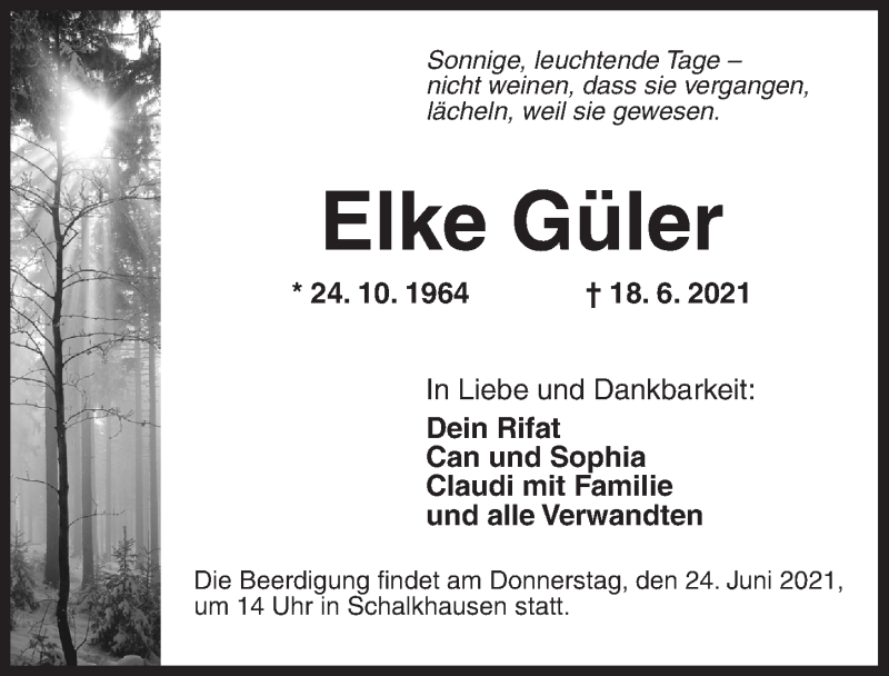  Traueranzeige für Elke Güler vom 22.06.2021 aus Ansbach