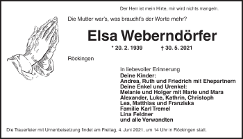 Traueranzeige von Elsa Weberndörfer von Ansbach