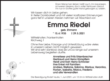 Traueranzeige von Emma Riedel von Dinkelsbühl/ Feuchtwangen