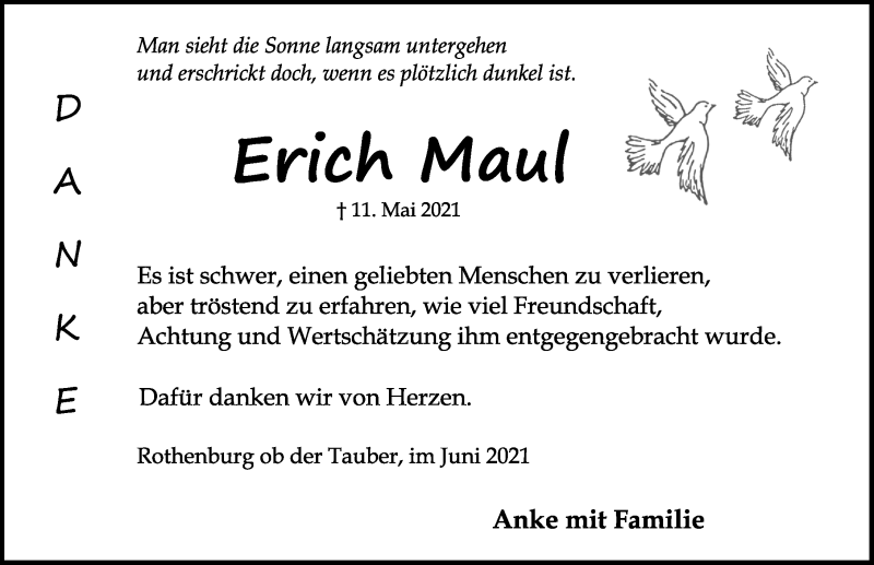  Traueranzeige für Erich Maul vom 12.06.2021 aus Rothenburg