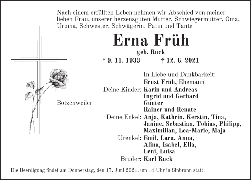  Traueranzeige für Erna Früh vom 15.06.2021 aus Dinkelsbühl/ Feuchtwangen