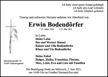 Traueranzeige von Erwin Bodendörfer von Rothenburg