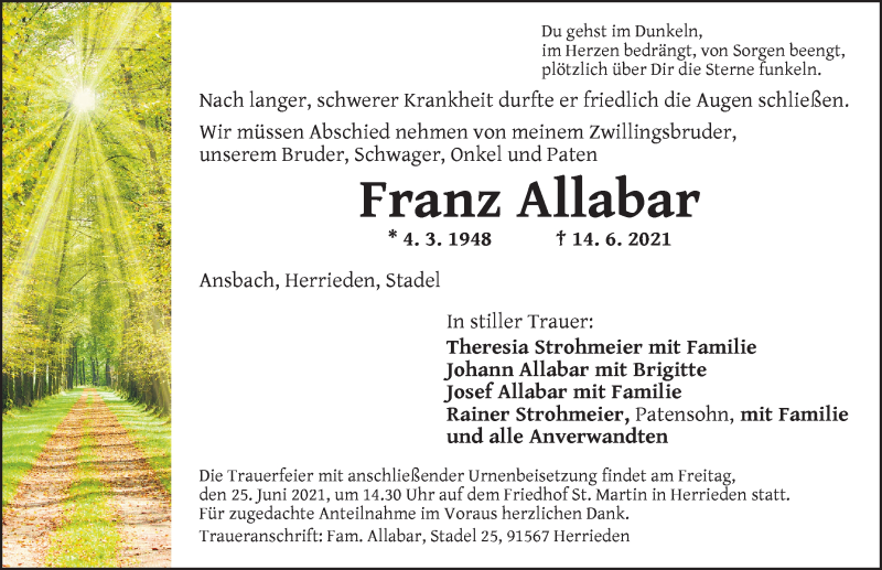  Traueranzeige für Franz Allabar vom 23.06.2021 aus Ansbach