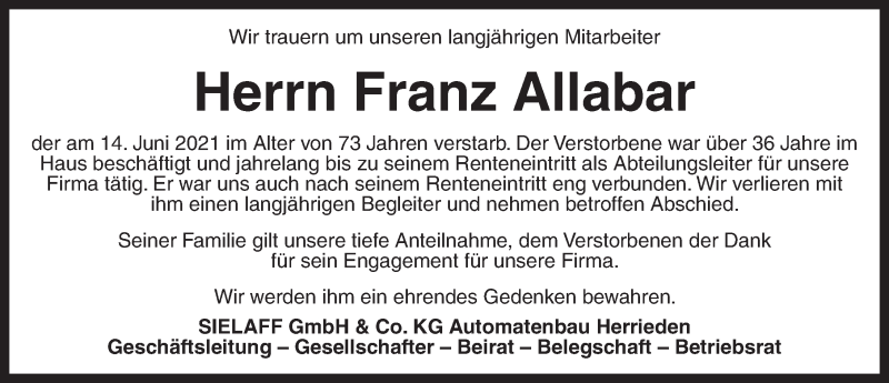  Traueranzeige für Franz Allabar vom 18.06.2021 aus Ansbach